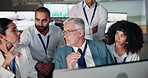 Government, security and team leader at computer in control room for planning, defence strategy or satellite cctv. Discussion, digital surveillance and people for cyber intelligence in command center