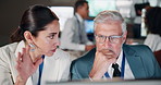 Security, man and woman at computer in control room planning defence strategy for satellite surveillance at agency. Government, cybersecurity and high tech team with intelligence in command center.