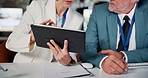 Business people, hands and discussion with tablet for online report, agenda or meeting at office. Closeup, businessman and woman with technology for corporate data, security or tasks at workplace
