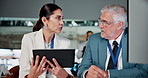 Security, man and woman with tablet in control room planning strategy for satellite surveillance at agency. Government, cybersecurity and tech team with digital app for intelligence in command center