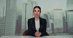 News, anchor and woman at desk with story, information and announcement with city background in studio. Reporter, journalist or media presenter in newsroom for current event show, broadcast or update