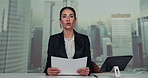 Face, news anchor and woman with tablet, notes and speaking with information, live streaming and tv studio. Portrait, employee and reporter with tech, documents and announcement with broadcasting