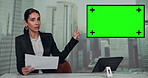 News, anchor and woman at desk with green screen, paperwork and story on city background in studio. Reporter, journalist or media presenter in chromakey newsroom with talk show, broadcast or update