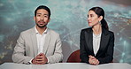News, anchor and man at desk with woman, collaboration and information for global story in studio. Reporter, journalist or media presenter team in newsroom together for talk show, broadcast or update
