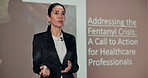 Woman, presenter and workshop on healthcare, speaking and advice on drugs crisis. Female person, keynote speaker and hospital summit for fentanyl disaster, training and lecture on pharmaceuticals