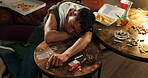 Man, drugs and alcohol for overdose, high and substance abuse with pills, cannabis and cigarette. Dealer, addiction and sleeping for marijuana, party and whiskey with food, crime or cocaine with risk