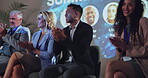 People, stage and happy at summit with applause for achievement, success and congratulations. Business, teamwork and support at seminar or award ceremony event and conference for global networking
