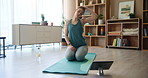 Stretching, tablet and yoga with woman in living room of home for holistic or wellness routine. Awareness, balance and online class with yogi person in apartment for exercise, flexibility or pilates