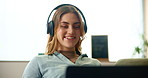 House, laptop and woman with headphones, smile and internet with connection, sound and podcast. Person, apartment and girl in lounge, computer and headset for live streaming, happiness and relaxing