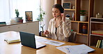 Call centre, paperwork and woman with headset, talking about and communication for job offer, digital and hotline. Office, customer service and telemarketing for business, laptop and reading of web