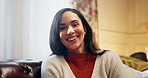 Relax, smile and face of woman on sofa for calm, happiness and morning. Comfortable, peace and self care with portrait of girl in living room of home in Spain for resting, mental health and wellbeing