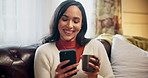 Phone, coffee and woman relax on sofa reading romantic message on dating app for networking. Happy, laugh and female person drinking cappuccino with cellphone for online connectivity in living room.