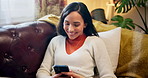 Happy, phone and woman on sofa laugh for online chatting, social media and contact on weekend. Relax, home and person on smartphone for internet, funny website and communication in living room