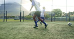 Man, soccer ball and sports for fitness outdoor of practice, warm up and exercise performance. Athlete, people and routine with football for match challenge, sport progress and game training on field