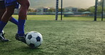 Legs, people and kick soccer ball for sports of fitness practice, warm up and exercise performance. Athlete, team and routine with football for match challenge, competition and game training on field