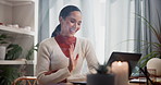 Happy woman, video call and wave with laptop for communication, virtual meeting or consulting at home office. Young, female person or freelancer talking with computer for online introduction at house