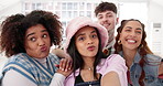 Selfie, dance team and group of people in social media post, online networking update and diversity. Funny face, excited influencer or gen z friends for profile picture, teamwork or collaboration