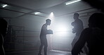 Boxer, coach and men with training for competition in boxing ring with punch workout, agile fighting skills and intense action. Impact sport, fitness and personal trainer with gloves for self defense