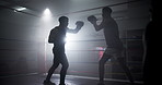 Boxer, coach and men with training for challenge in boxing ring with punch workout, agile fighting skills or intense action. Impact sport, instructor and people with applause for exercise progress