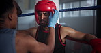 Sports, boxing and man with coach in match for challenge, competition and tournament in ring corner. Personal trainer, fitness and person with boxer for help with performance, training and practice