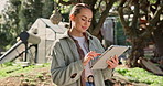 Typing, farm and woman with tablet, nature and growth of crops, environment and inspection in morning. Outdoor, agriculture and person with checklist, greenhouse and sustainability of small business