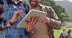 Tablet, hands and farmers with research, field or fresh produce discussion. Sustainability, agriculture and people with collaboration, harvest and organic, natural or healthy food conversation