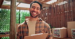 Stock, checklist and man face with produce, clipboard and inventory with sustainable agriculture business. Paperwork, box and NGO with food distribution and volunteer project at community garden