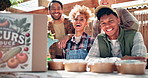 Small business, face and people packaging vegetables at organic market for supply, customers and selling. Partners, employees and happy or smile at greengrocer or shop with sustainable farming