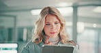 Woman, tablet and thinking in office, copywriter and online for problem solving with report. Female person, copywriting article and workplace for internet research, planning and contemplating ideas