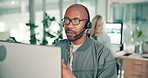 Black man, call centre and talking to customer in office, technical support and computer for faq chat. Male person, coworking workplace and speaking to client, lens flare and online for telemarketing
