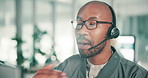 Black man, call centre and talking to client in office, technical support and computer for faq chat. Male person, coworking workplace and speaking to consumer, lens flare and online for telemarketing