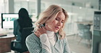 Woman, neck pain and stress with injury in office by computer with deadline for project at media company. Person, writer and strain with muscle fatigue, tired and burnout with pc at creative agency
