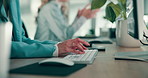 Business woman, hands or typing with computer at call center for customer service, enquiry or data entry at office. Closeup, female person or agents working with technology for communication or email