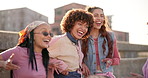 Friends, gen z and fashion with women in city for youth, culture and Identity together. Empowerment, laughing and cool with people in urban downtown for vacation, trends and streetwear style