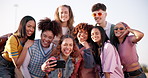 Selfie, happy and group of friends in city for sightseeing on vacation, adventure or weekend trip. Smile, fun and young people with photography picture for memory on getaway, journey or holiday.