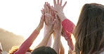 Hands, support and high five with people in city for respect, gratitude and motivation. Community, trust and faith with closeup of friends in outdoors for partnership, solidarity and teamwork