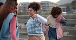 Dancing, energy and friends on bridge in city with hip hop routine practicing for flash mob. Happy, freedom and dancers with freestyle, groove or choreography in street with rhythm in urban town.