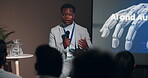 Ai, technology and presentation with business man at seminar for networking, panel forum and keynote speaker. Summit, conference and automation with speech for audience, event showcase and news