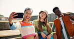 Bridge, funny face and selfie with friends in city together for summer bonding. Peace sign, smile or tongue out with man and woman group outdoor in urban town for social media profile picture
