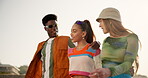 Outdoor, friends and walking while laughing for fashion, streetwear and stylish clothes for summer break. Happy people, women and man with hug for connection, bonding together and hipster in bridge