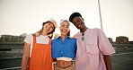 Outdoor, group and face of friends for fashion, streetwear and stylish clothes for summer break. Happy people, women and man with hug embrace for connection, laughing together and portrait in bridge