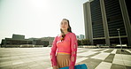 City, woman and face with skateboard in summer for street style, confidence and outdoor adventure. Female person, portrait and buildings with sunglasses for holiday, apparel and hobby in Los Angeles