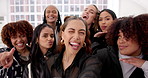 Selfie, group and face of dancers in studio at practice for hip hop competition with travel together. Happy, goofy and portrait of women team with photography picture at art school for performance.