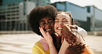 Smile, lesbian couple and hug in city for love, care and laughing together outdoor. Happy girls, lgbtq and embrace in street for romantic connection, pride and support with interracial women on date