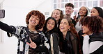 Selfie, team and face of dancers in studio at practice for hip hop competition with travel together. Happy, goofy and portrait of women group with photography picture at art school for performance.