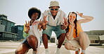 Cool, peace sign and fashion of friends, outdoor and bonding of Gen z, diversity and man with sunglasses. Happy, shades and women with guy, clothes and streetwear for summer, rooftop and chilling