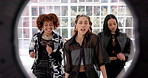 Happy, friends and girls with ring light for dance in studio with live streaming, social media challenge and energy. Women, dancer or influencer filming a online hip hop tutorial for content creation