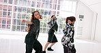 Art, dance and hip hop with people in studio for choreography, rehearsal or training together. Creative, energy and music with group of friends in class for learning, lesson or practice routine