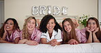 Women, people and face in bed for bridal shower, celebration and smile in hotel bedroom. Group, happy friends and bride in portrait for embrace, solidarity and sisterhood in bachelorette party