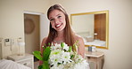 Happy woman, bride and wedding dress with bouquet of flowers for marriage, commitment or big day at home. Portrait, young or female person with smile or floral plant for beauty or elegance at house